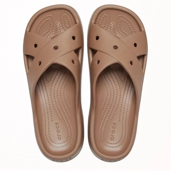 CROCS Brown Cross Strap Slides NWOT - Picture 2 of 7